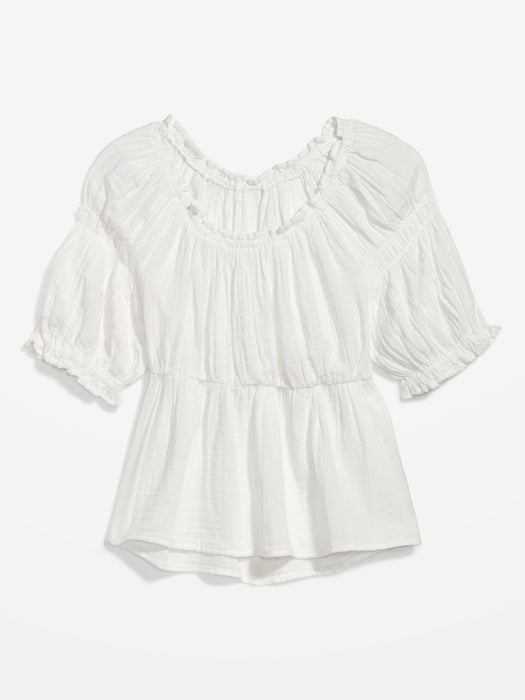 Puff-Sleeve Shirred Babydoll Blouse for Women