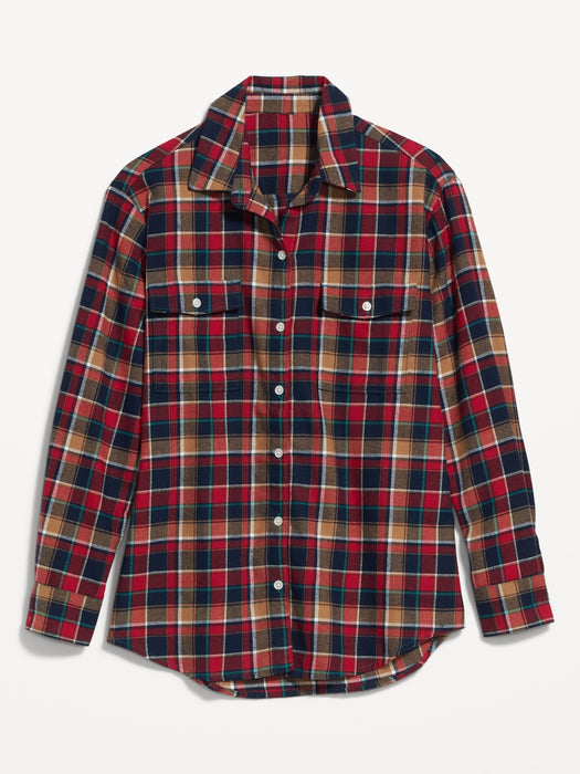 Long-Sleeve Plaid Flannel Boyfriend Tunic Shirt for Women - Brown