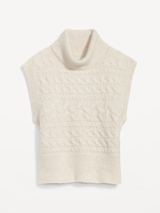 Sleeveless Cropped Cozy Plush-Yarn Cable-Knit Turtleneck Sweater for Women - Beige