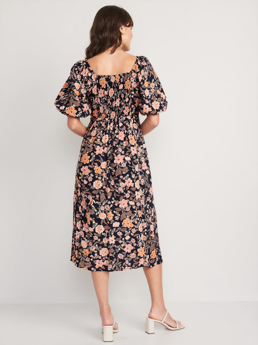 Puff-Sleeve Floral-Print Pintucked Smocked Midi Swing Dress for Women