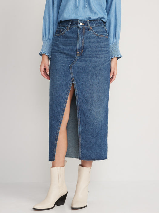 High-Waist Maxi-Jeansrock mit Schlitz vorne und Fransensaum für Damen – Blau