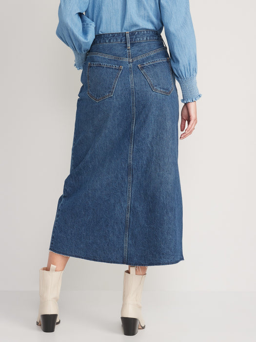 High-Waist Maxi-Jeansrock mit Schlitz vorne und Fransensaum für Damen – Blau