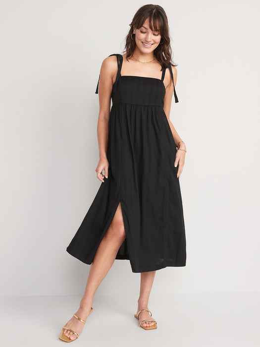 Tie-Shoulder Dobby Midi Babydoll Swing Dress for Women