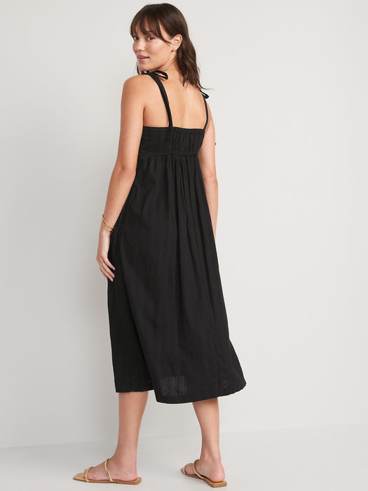Tie-Shoulder Dobby Midi Babydoll Swing Dress for Women