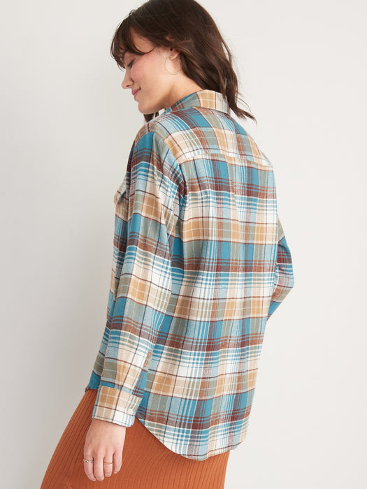 Long-Sleeve Plaid Flannel Boyfriend Tunic Shirt for Women