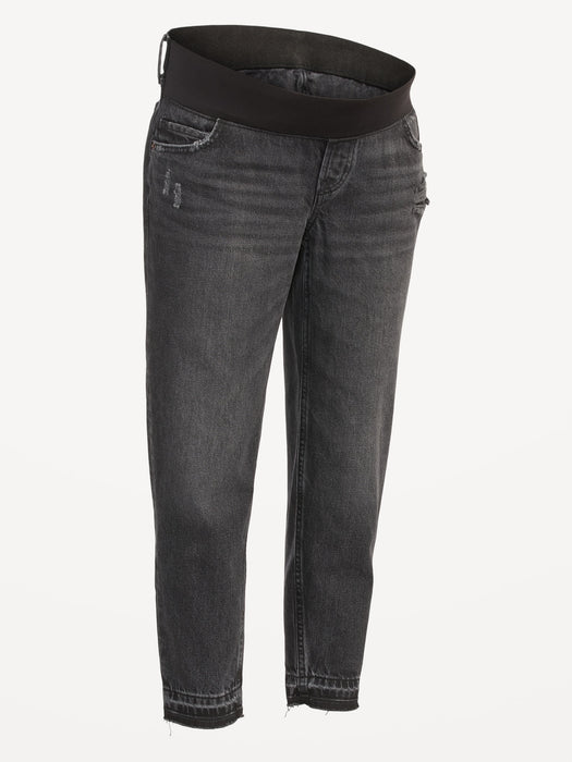 Maternity Front Low Panel Slouchy Straight Black Cut-Off Jeans