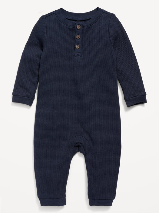 Unisex Thermal-Knit Henley One-Piece for Baby - Blue