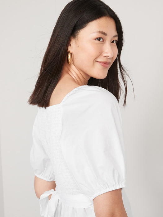 Puff-Sleeve Smocked Wrap Blouse for Women - White