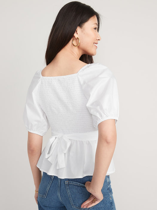 Puff-Sleeve Smocked Wrap Blouse for Women - White