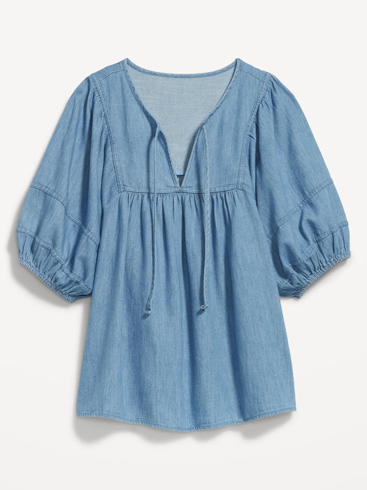 Oversized Chambray Puff-Sleeve Tie-Neck Top for Women