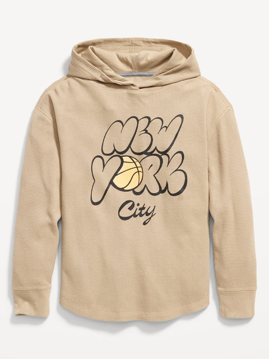 Long-Sleeve Graphic Thermal-Knit T-Shirt Hoodie for Boys - Beige
