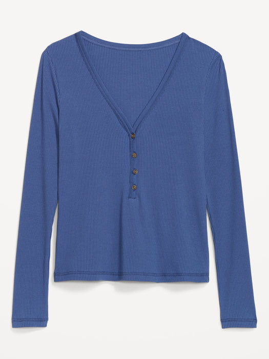 Fitted Long-Sleeve Rib-Knit Henley Top for Women - Blue