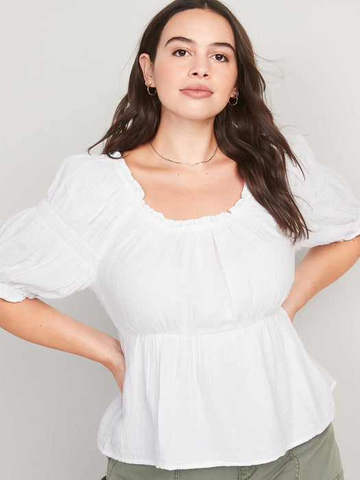 Puff-Sleeve Shirred Babydoll Blouse for Women