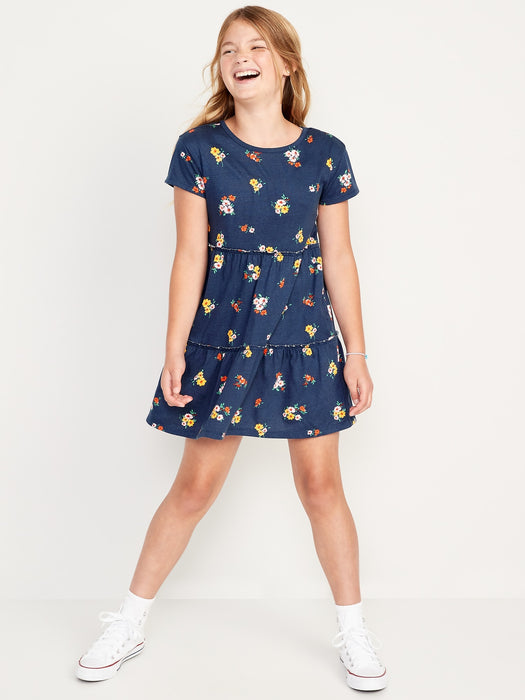 Tiered Printed Short-Sleeve Swing Dress for Girls
