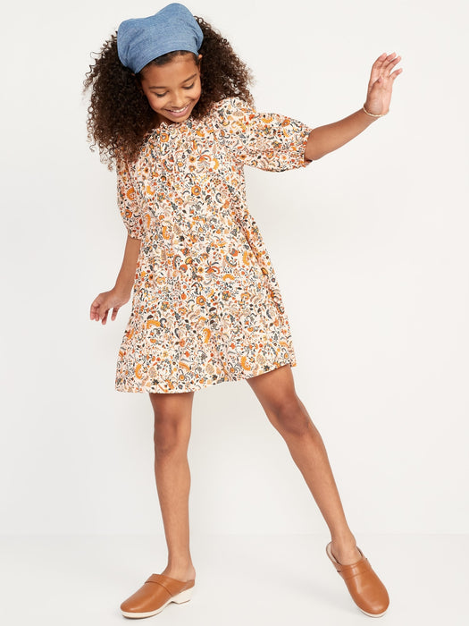 Puff-Sleeve Tiered Floral-Print Swing Dress for Girls