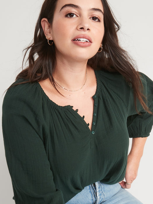 Shirred Double-Weave Long-Sleeve Blouse for Women