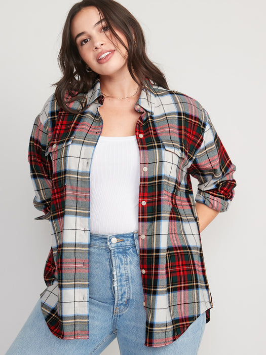 Long-Sleeve Plaid Flannel Boyfriend Tunic Shirt for Women