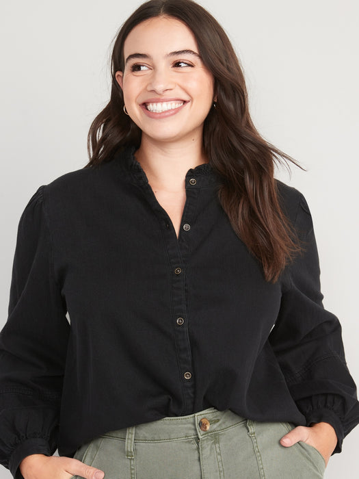 Ruffle-Neck Jean Shirt for Women