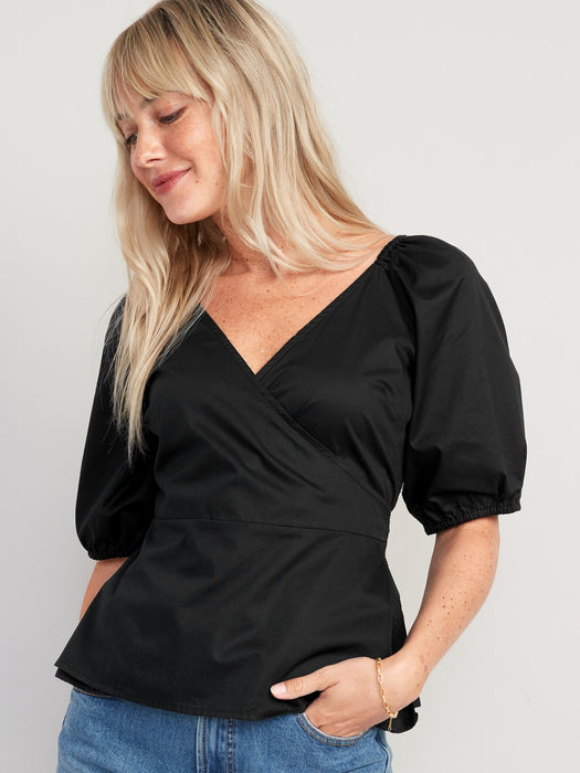 Puff-Sleeve Smocked Wrap Blouse for Women - Black