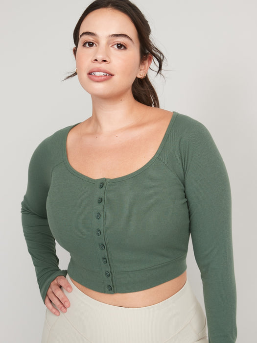 Long-Sleeve UltraLite Rib-Knit Ultra-Cropped Cardigan Top for Women - Green