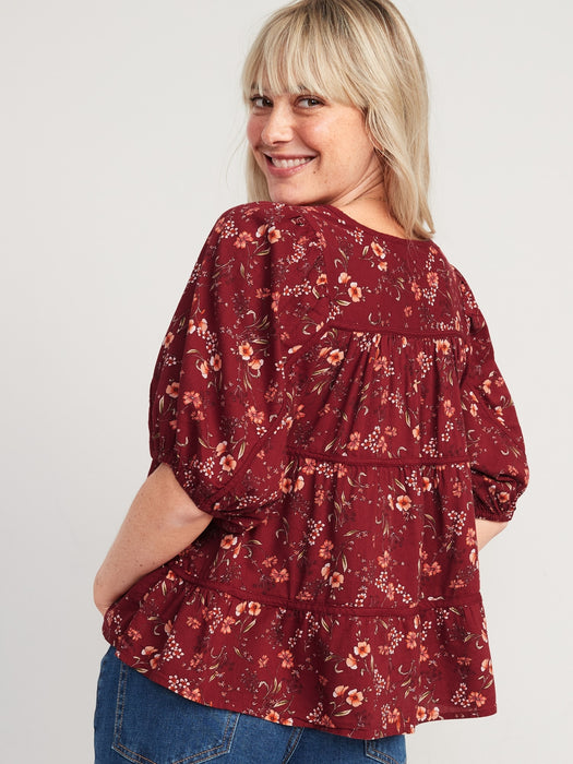 Puff-Sleeve Floral Tiered Swing Blouse for Women
