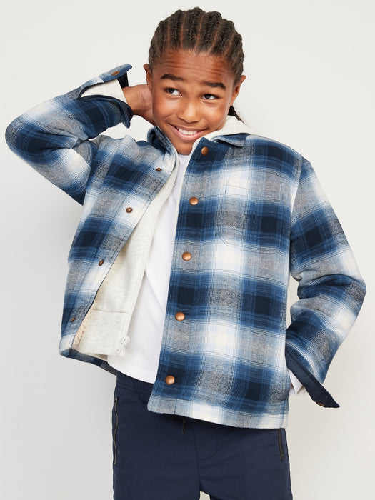 Gender-Neutral Cozy Plaid Flannel Sherpa-Lined Shacket for Kids - Blue