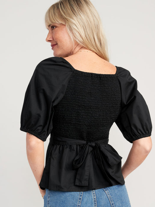 Puff-Sleeve Smocked Wrap Blouse for Women - Black