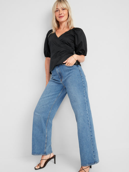 Puff-Sleeve Smocked Wrap Blouse for Women - Black