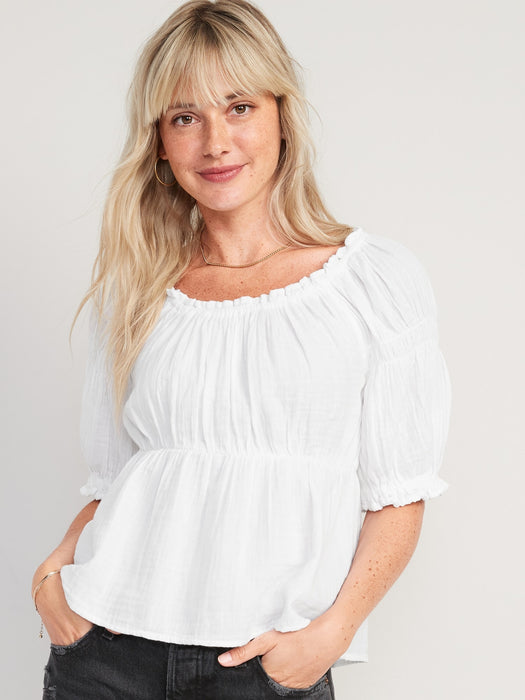 Puff-Sleeve Shirred Babydoll Blouse for Women
