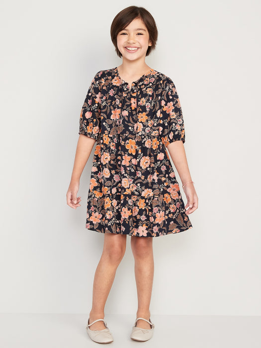 Puff-Sleeve Tiered Floral-Print Swing Dress for Girls