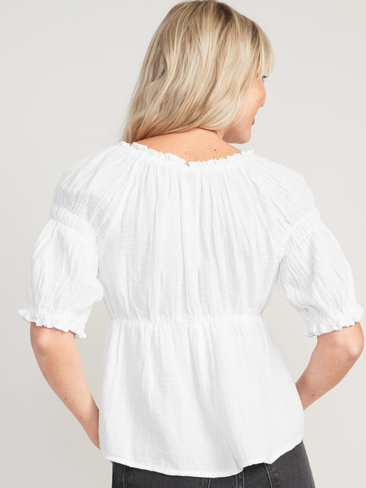 Puff-Sleeve Shirred Babydoll Blouse for Women
