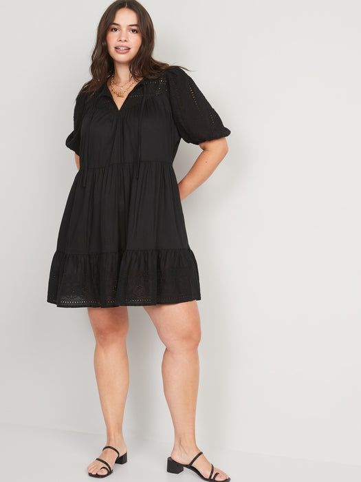 Puff-Sleeve Tiered Embroidered Mini Swing Dress for Women - Black