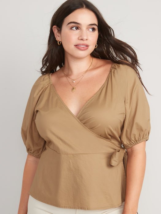 Puff-Sleeve Smocked Wrap Blouse for Women