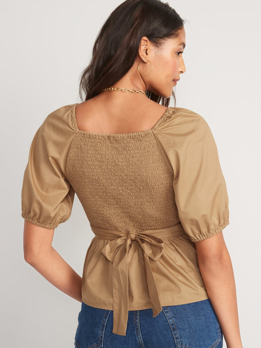 Puff-Sleeve Smocked Wrap Blouse for Women