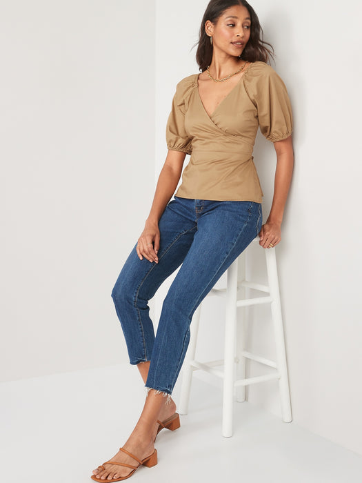 Puff-Sleeve Smocked Wrap Blouse for Women