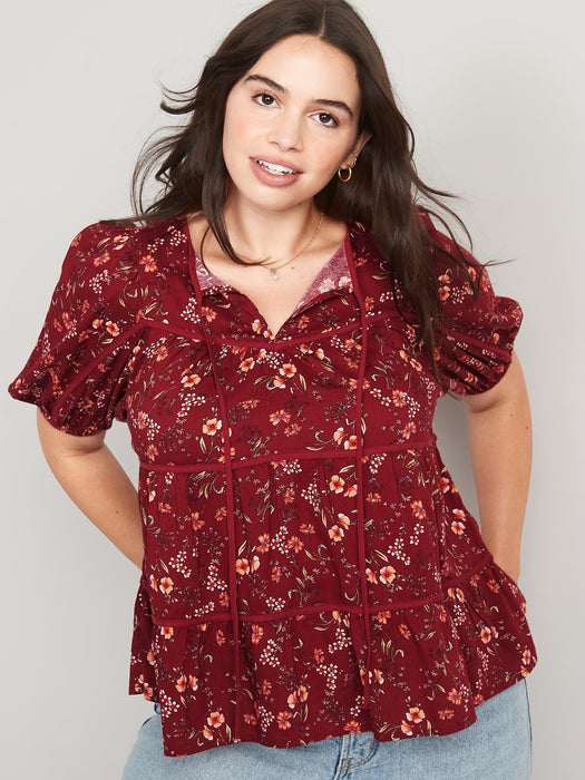 Puff-Sleeve Floral Tiered Swing Blouse for Women