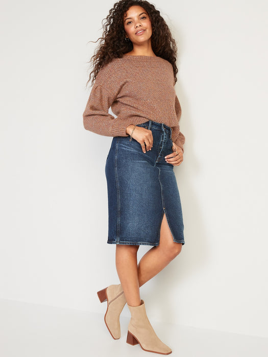 Higher High-Waisted Button-Fly Midi Jean Pencil Skirt for Women