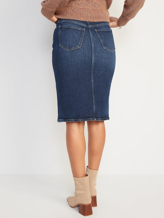 Higher High-Waisted Button-Fly Midi Jean Pencil Skirt for Women