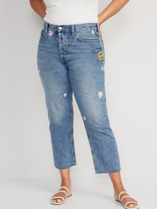 High-Waisted Button-Fly Slouchy Straight Embroidered Non-Stretch Cut-Off Jeans for Women - Blue