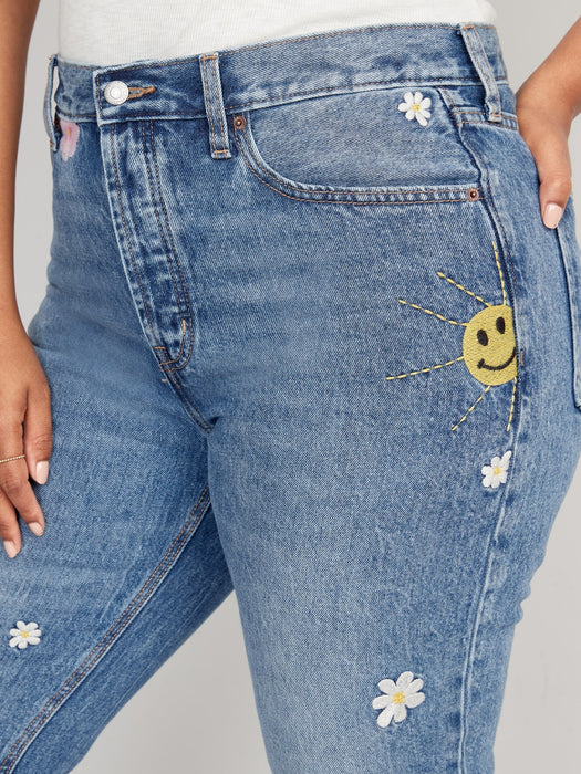 High-Waisted Button-Fly Slouchy Straight Embroidered Non-Stretch Cut-Off Jeans for Women - Blue