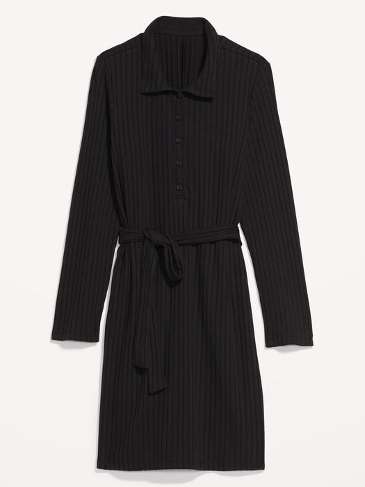 Fitted Rib-Knit Tie-Belt Long-Sleeve Mini Polo Dress for Women