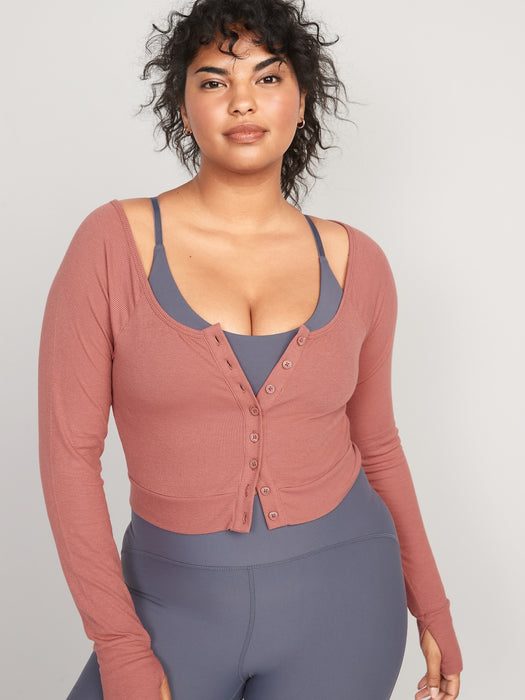 Long-Sleeve UltraLite Rib-Knit Ultra-Cropped Cardigan Top for Women - Orange