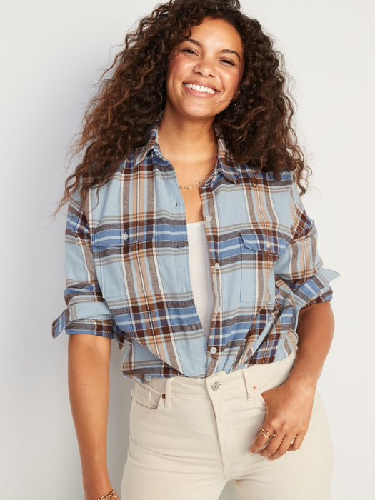 Long-Sleeve Plaid Flannel Boyfriend Tunic Shirt for Women - Blue
