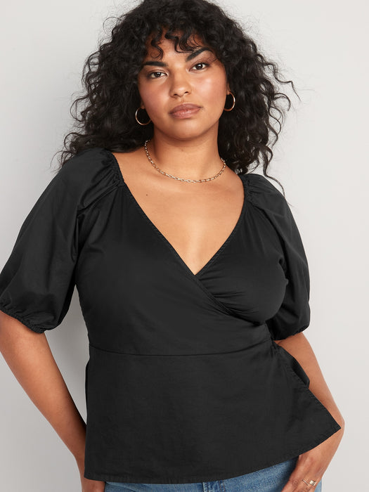 Puff-Sleeve Smocked Wrap Blouse for Women - Black