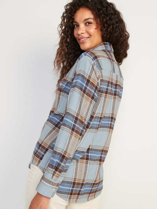 Long-Sleeve Plaid Flannel Boyfriend Tunic Shirt for Women - Blue
