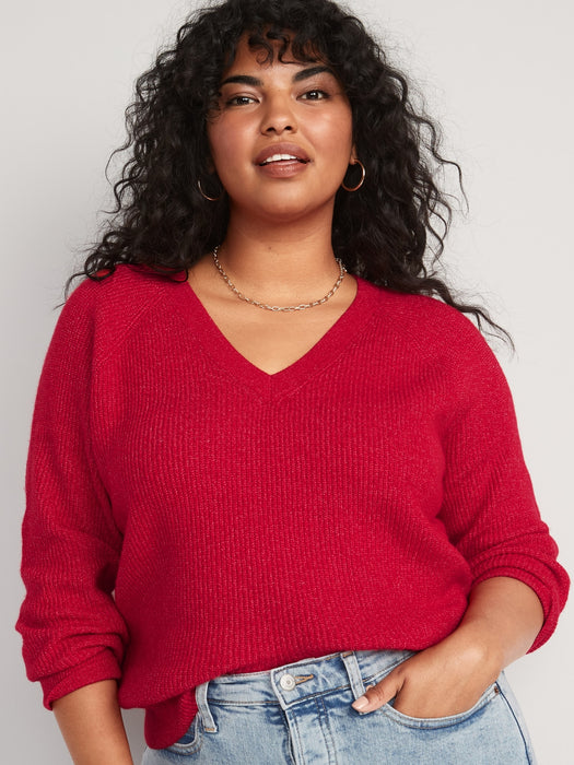 V-Neck Shaker-Stitch Cocoon Sweater for Women