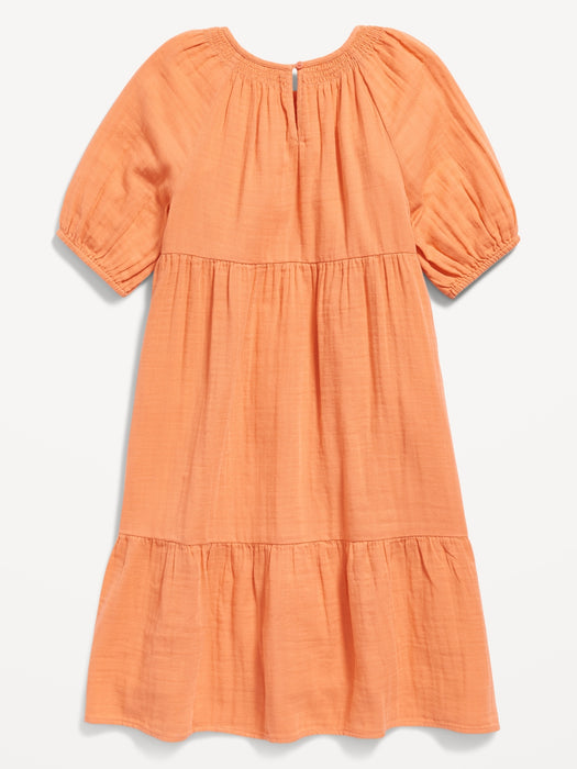 Crepe Puff-Sleeve Tiered Knee-Length Dress for Girls