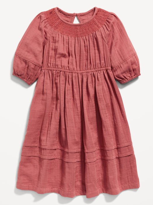 Smocked 3/4-Sleeve Swing Dress for Toddler Girls - Red