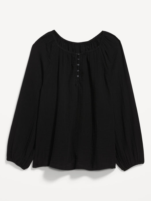 Shirred Double-Weave Long-Sleeve Blouse for Women