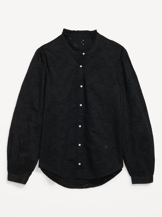 Ruffle-Neck Eyelet Cutwork Shirt for Women